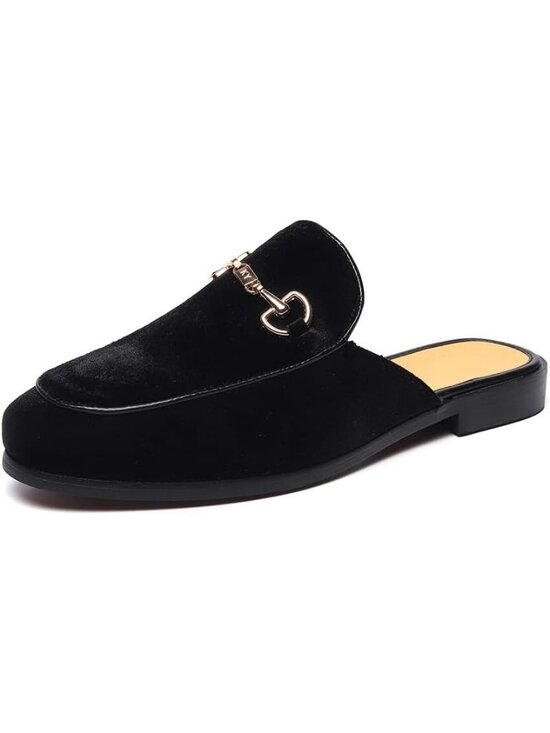 Men\'s Black Rubber Sole Velvet Leather Gold Buckle Slip On Penny Loafer Slippers main image 5